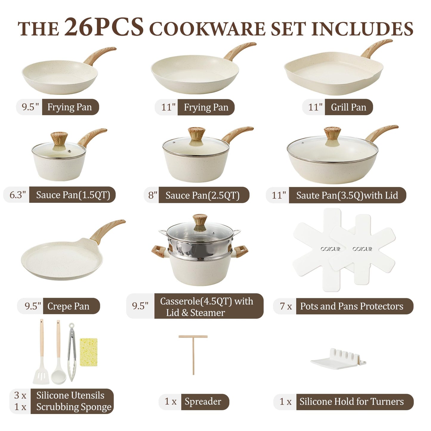 26Pcs Pots and Pans Nonstick Ceramic Cookware Set Nontoxic Kitchen Cooking Set with Steamers Utensils Induction Compatible, PFAS/PFOA Free, Oven and Dishwasher Safe, Cream White