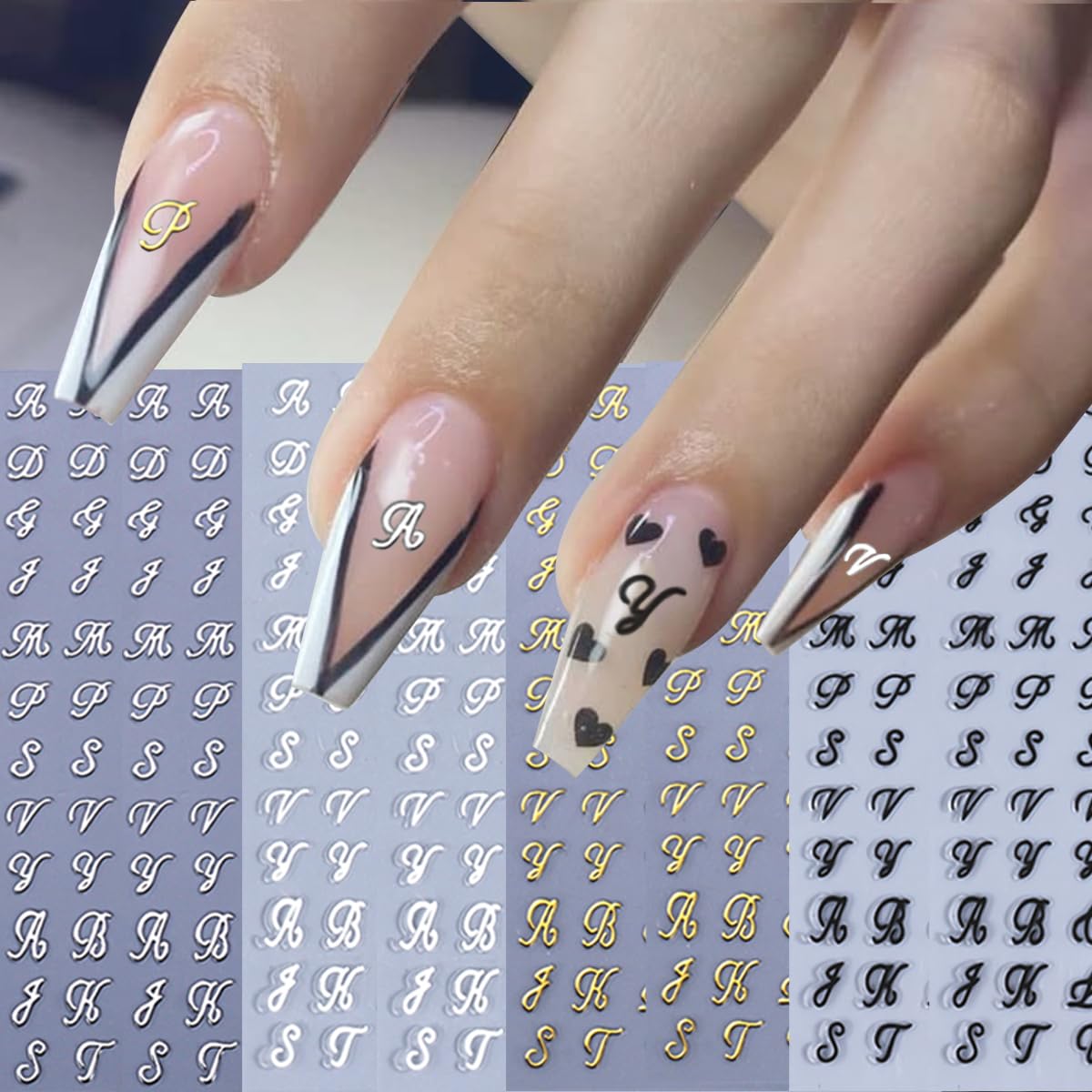 8 Sheets Letter Nail Art Stickers Old English Letter Nail Decals 3D Self-Adhesive Gold Silver Black White Retro Nail Decor Cute Nail Design Stickers Alphabet Cursive Nail Art Supplies for Women DIY