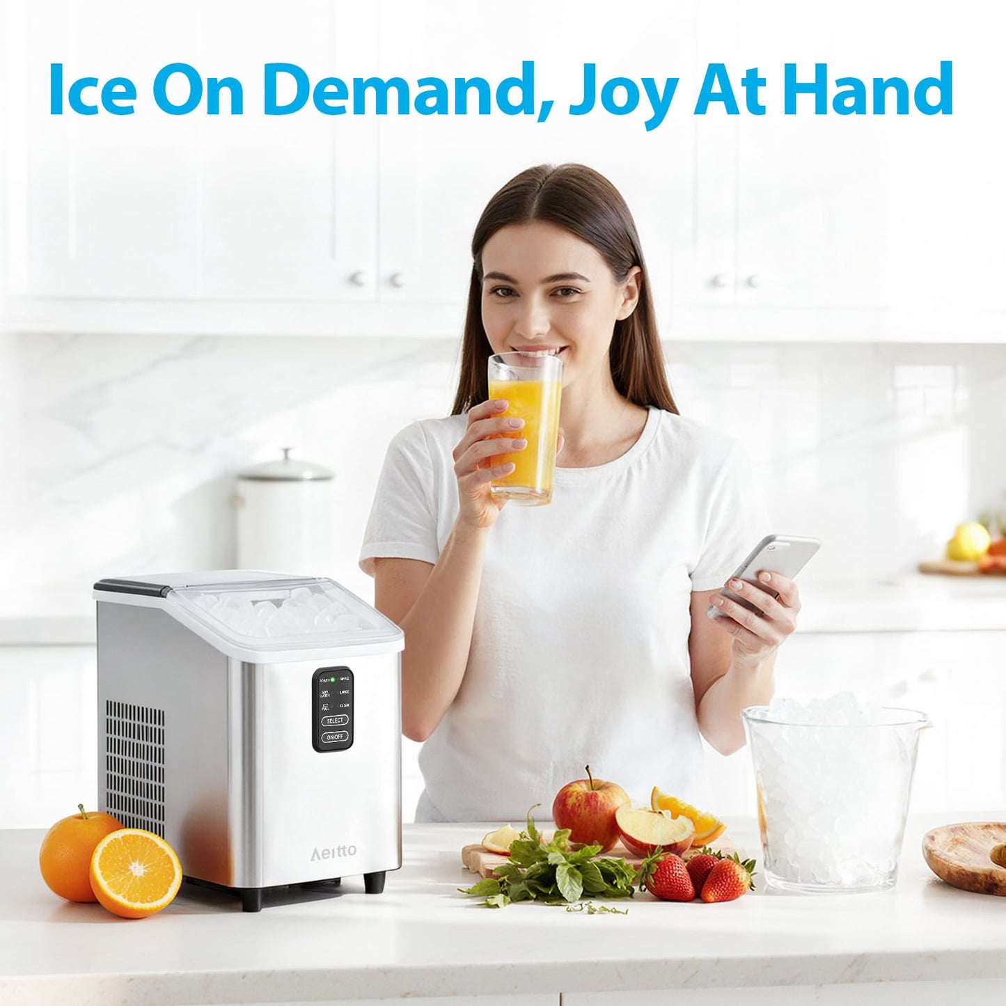 Aeitto Ice Maker Countertop 26lbs/24H, Ice Machine 8 Ice Cubes Ready in 6 Mins, Auto Self-Cleaning for Home/Kitchen/Office Stainles with Basket & Scoop, s2 Sizes of Bullet Ice Portable Ice Makers