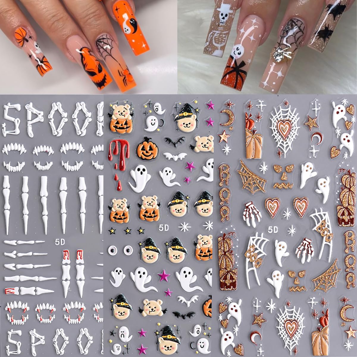 3 Sheets Halloween 5D Embossed Nail Art Stickers Cute Ghost Spider Wed Nail Decals Self Adhesive Gothic Pumpkin Skull Nail Stickers Glitter Gold Nail Design Decals Holiday Nail Decoration for Women