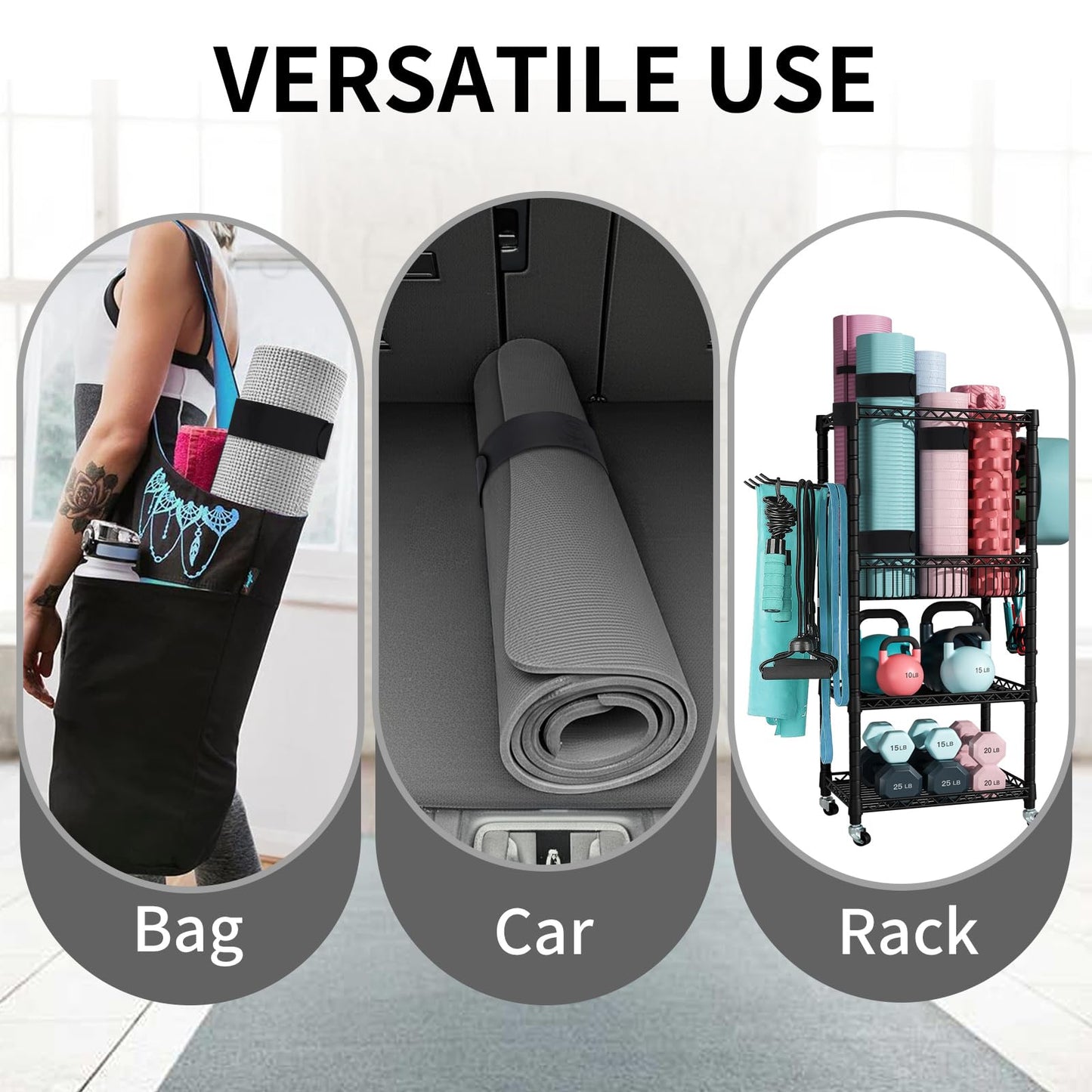 Yoga Mat Strap Slap Band- Extended Silicone Self-Rolling Mat Tie with Suction Cup Grip - Silent Snap Holder & Carrier for Thick Mats, Foam Rollers(25"L x 2""W) (Black)"