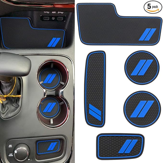 Center Console Mats for Durango Accessories 2014 2015 2016 2017 2018 2019 2020 Cup Holder Insert Coasters Custom Fit Cup Liners Pads Interior Decoration (Blue Trim) - 5 Pcs Set