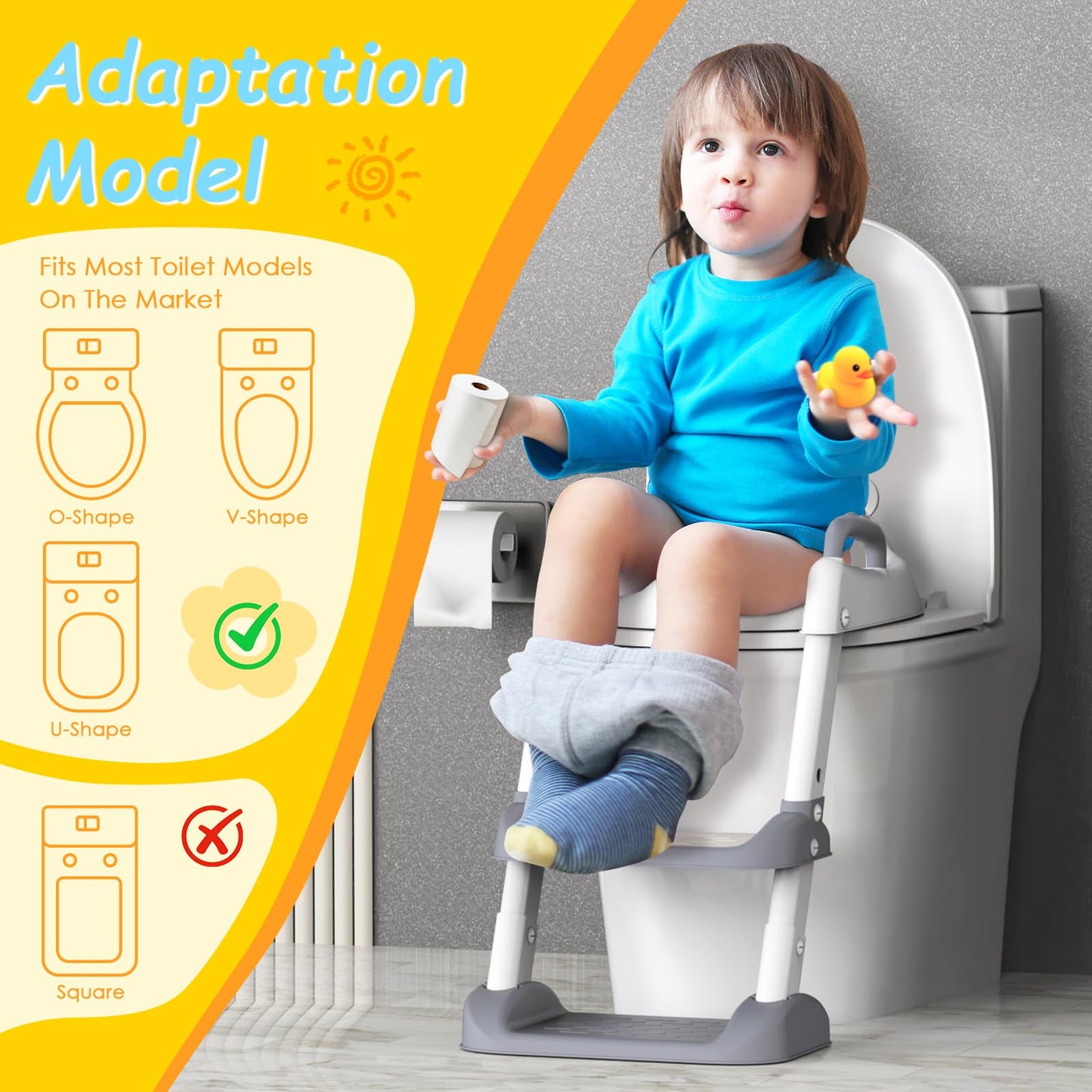 HBTower Potty Training Seat with Step Stool Ladder for Toddlers, Adjustable Kids Toilet Seat with Splash Guard, Anti-Slip Pads & Safety Handles, Comfortable Potty Chair for Boys & Girls (Grey)