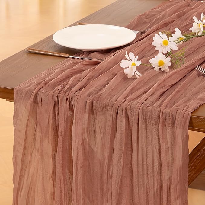 Socomi 2pcs Dusty Rose Summer Cheesecloth Table Runner Boho Rustic Gauze 120 inch 10FT Cheese Cloth Sheer Runner for Wedding Party Baby Shower Birthday Home Decor Holiday Decorations