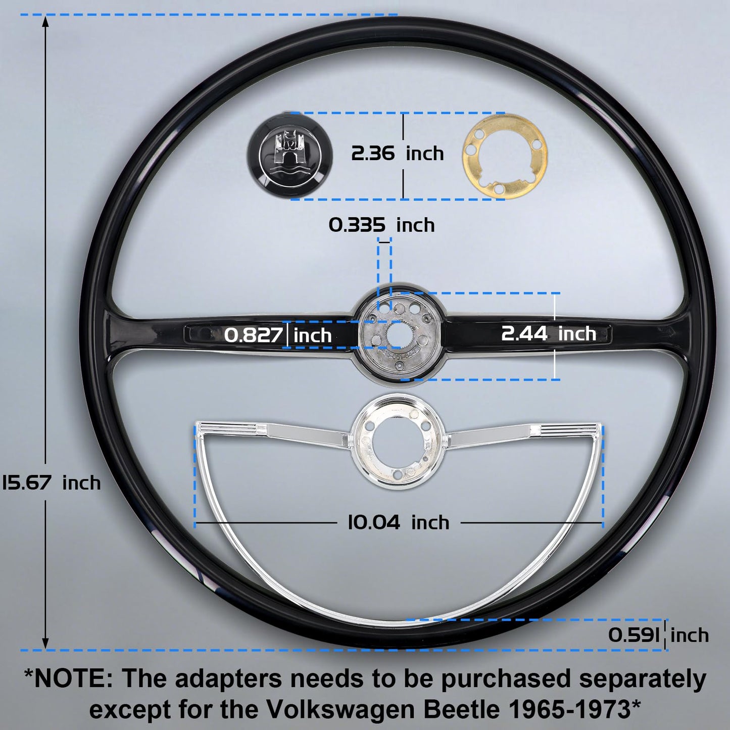 Sorghum 15" Universal Steering Wheel - Classic Steering Wheel with Horn Button Compatible with 1965-1973 Volkswagen Beetle - Piano Lacquer Black