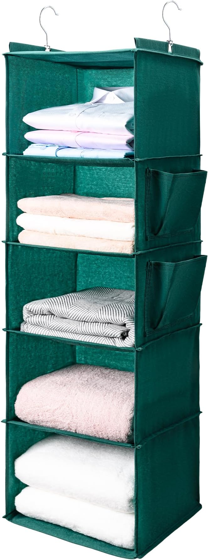 BOOMIBOO Hanging Closet Organize and Shelvesï¼5-Hanging Shelf with 2 Side Pocketsï¼Storage Foldable ï¼Greenï¼