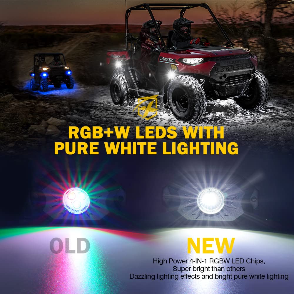 Xprite RGBW LED Rock Lights Kit with Bluetooth & Wireless Remote Controller, Multicolor Cars Underglow, Wheel, Footwell Neon Light Kits, for Off-Road UTV ATV Trucks SUV Motorcycle Boats - 10 Pods