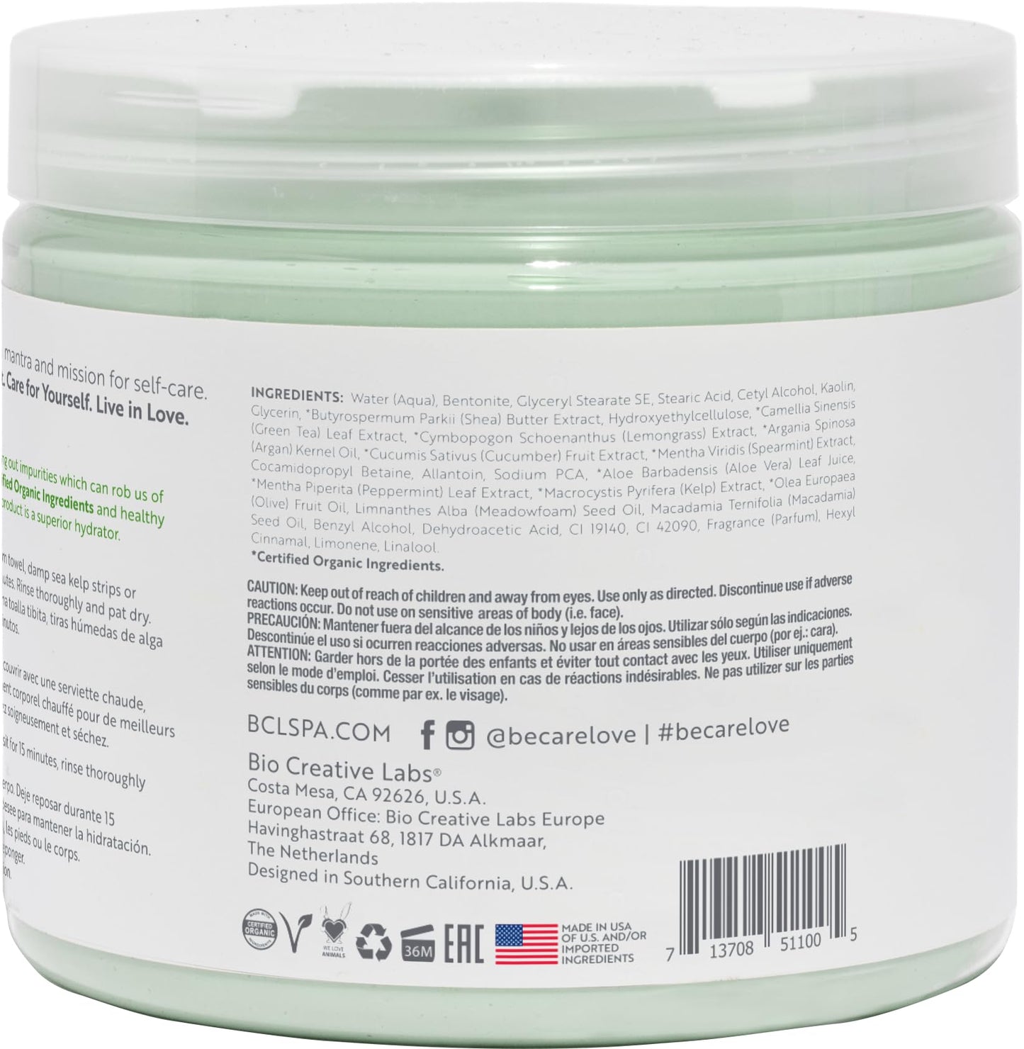 BCL SPA Organic Lemongrass and Green Tea for hands mask, foot mask, and body mask skin care spa treatment for women at home or professional spa with shea butter, argan oil, olive oil, aloe vera 16 oz