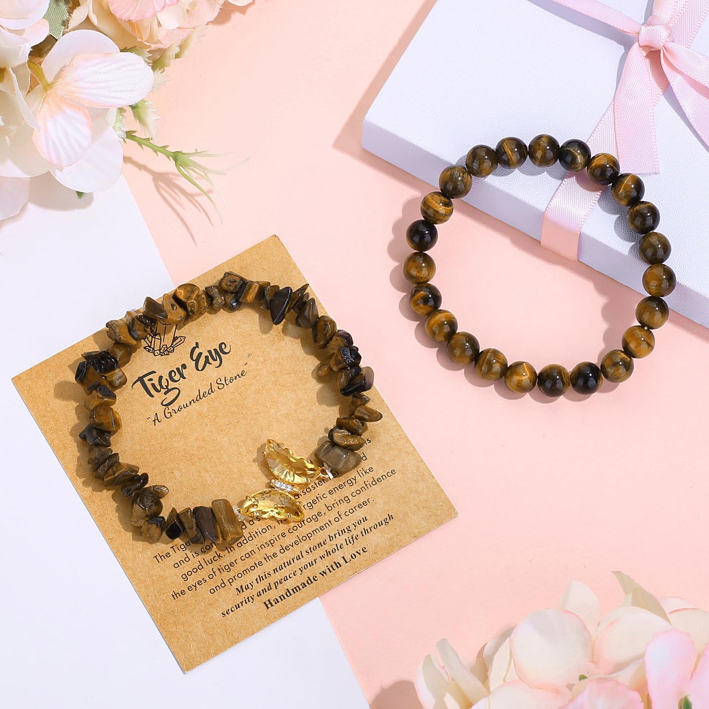 DUQGUHO 2Pcs Butterfly Bracelets for Women, Tigers Eye Bracelets, Healing Crystal Bracelet, Natural Tiger Eye Crystal Jewelry, 8mm Brown Beaded Bracelet, Gifts for Women