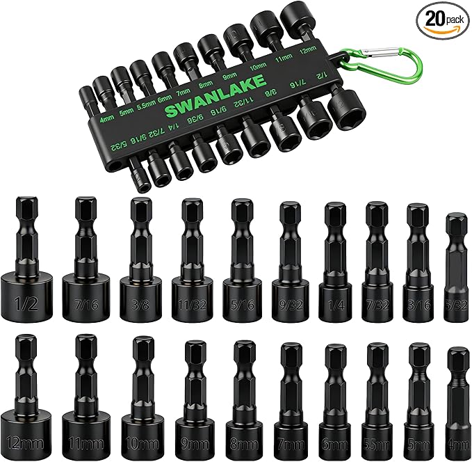 SWANLAKE 20PCS Power Nut Driver Set for Impact Drill, 1/4â Hex Head Drill Bit Set SAE and Metric