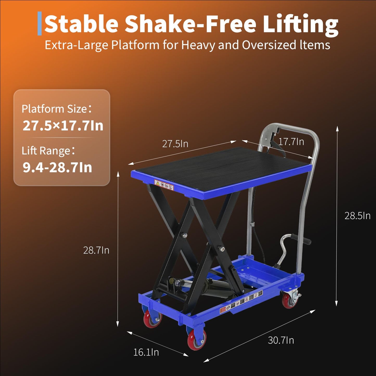 Hydraulic Lift Table Cart,1100lbs Capacity 32.2" Lifting Height,Manual Single Scissor Lift Table with Non-Slip Pad, 4 Wheels & Reflective Strips,for Material Handling & Transportation