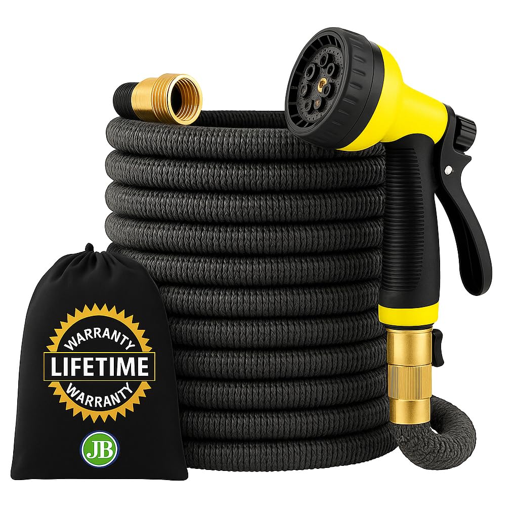 J&B XpandaHose 75ft Expandable Garden Hose â Ultra-Strong 3750D, 4-Layer Latex Core, Brass 3/4" Connectors, 10-Pattern Nozzle & Storage Bag â Lightweight, Kink-Reducing, Leak-Resistant