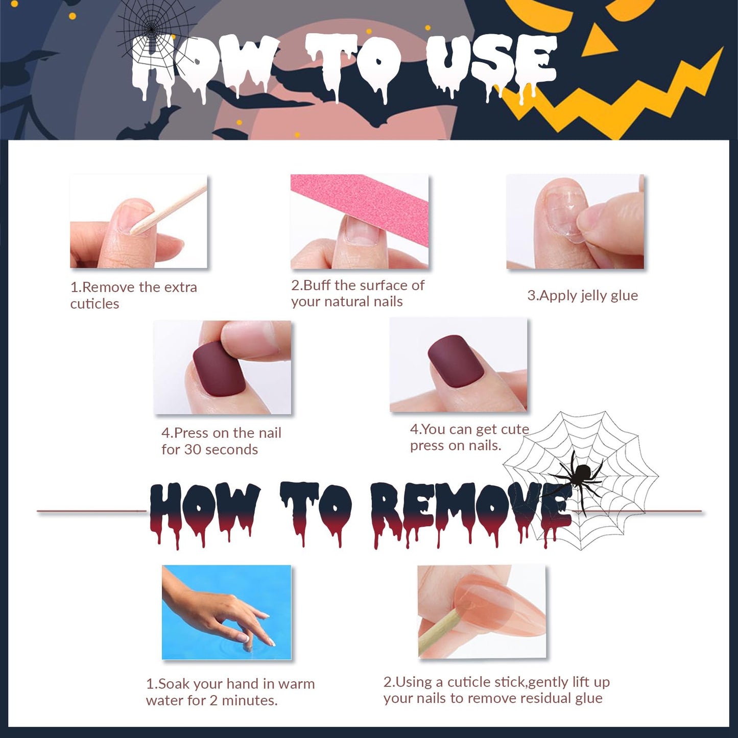 Halloween Press on Nails Long Coffin Fake Nails Scary Blood Glue on Nails Spider Web Glossy Stick on Nails Square Artificial Acrylic Nails for Women Girls Manicure 24 Pcs