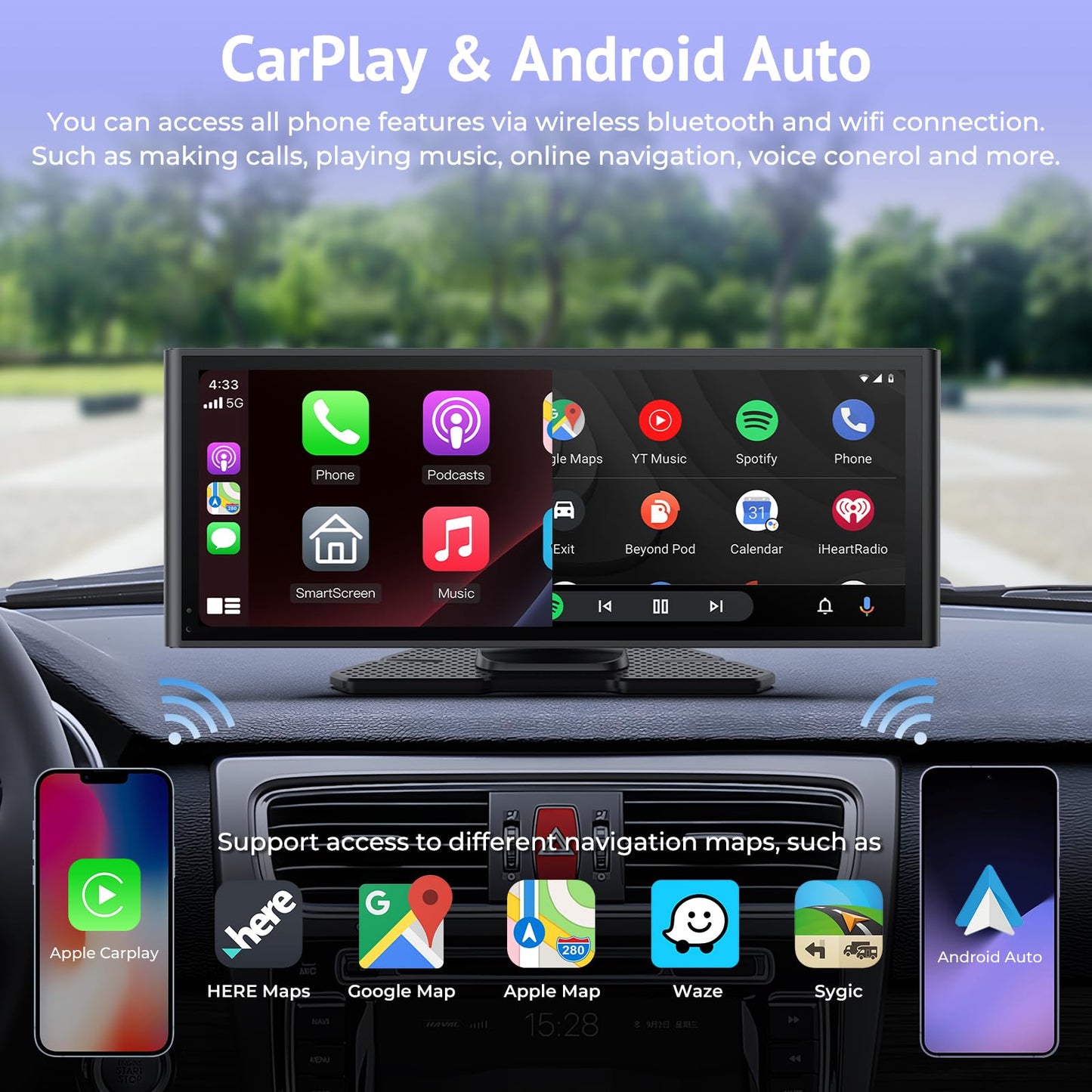 Carplay Screen for Car 10.26" HD IPS Wireless Compatible with Apple Carplay & Android Auto,Touch Car Play Screen with SuperLink,4K Dash Cam,1080p Backup Camera,Loop Recording,Bluetooth Audio,GPS,Siri