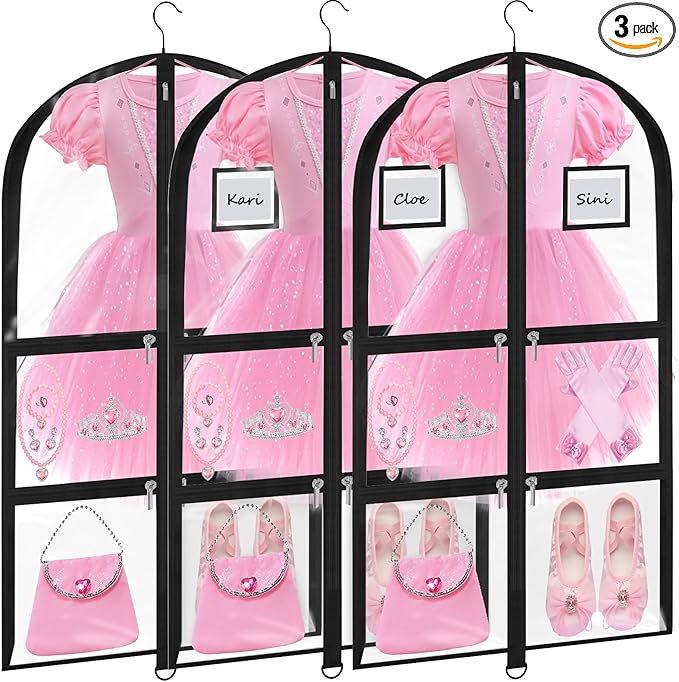 Garment Bags for Dance Costumes - 40 Inch Clear PVC with 5 Zipper Pockets (3 Pack) - Kids Dance Garment Bag for Dancers, Hanging Clothes Storage, Competitions & Travel (âClear Black)