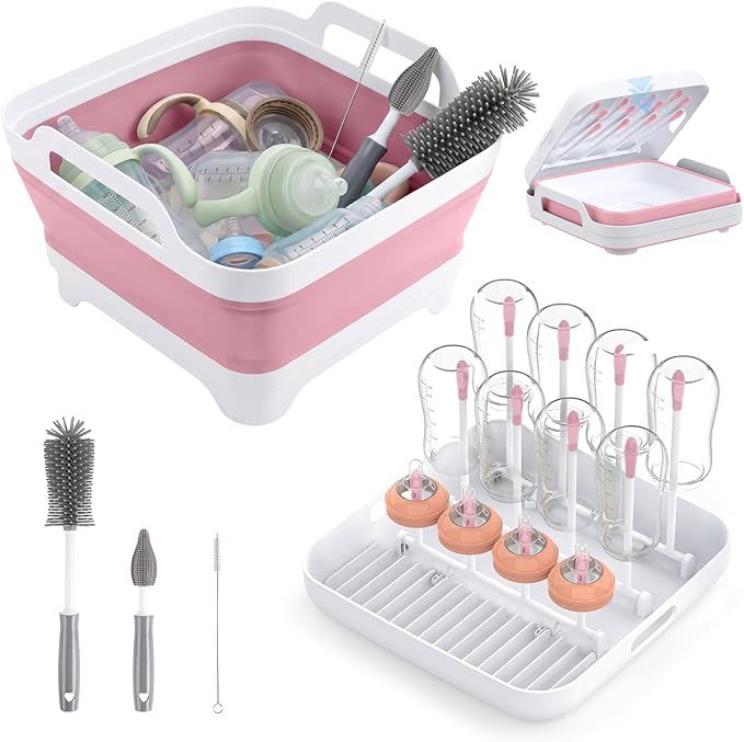 Collapsible Wash Basin for Baby Bottles with Drying Rack â 2.4 Gallon Foldable Dish Tub with Handles, Portable RV Camping Sink & Space-Saving Wash Bin with Lid for Kitchen, Travel & Outdoor, Pink