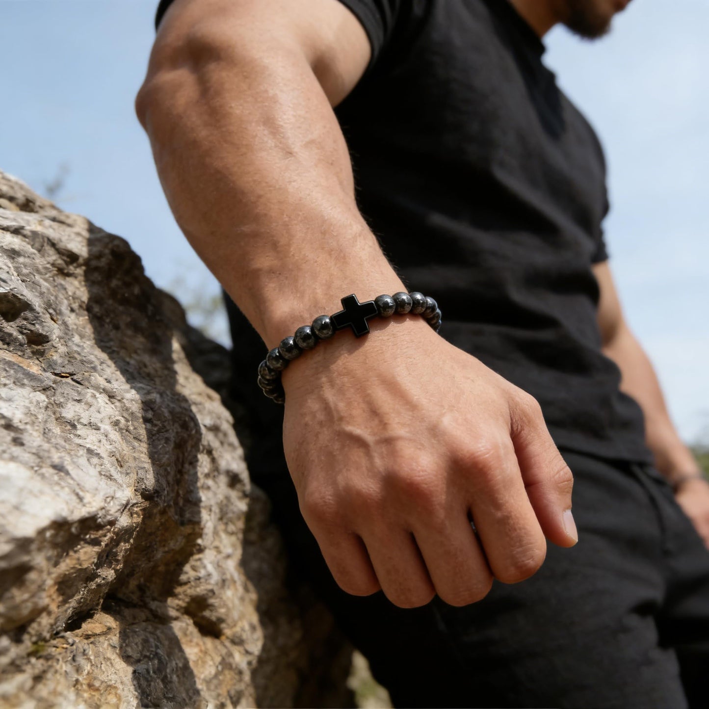 MOJOROUS Hematite Cross Bracelet for Men 8mm Black Obsidian Hematite Tiger Eye Beaded Natural Stone Protection Bracelets Birthday Jewelry Gifts Cross Christian Gift for Him Husband Son