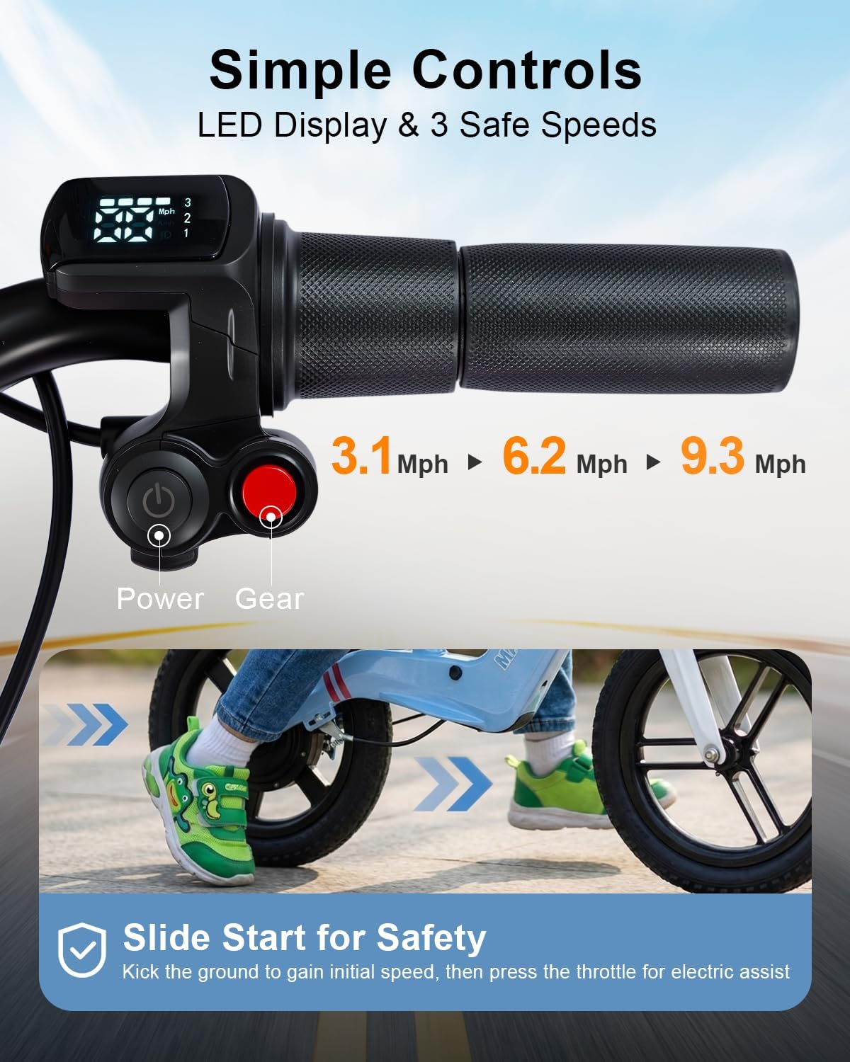 GROWNEER Electric Balance Bike for Kids 3-5 Year Old Boys Girls, 12 Inch Pneumatic Tires, 3 Speed Settings (3.1/6.2/9.3 mph), Light-up Front Tire & Adjustable Seat, 9.3 Mile Range, Black