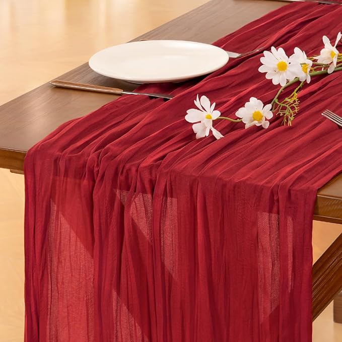 Socomi 10pcs Red Cheesecloth Table Runner Boho Rustic Gauze 120 inch 10FT Cheese Cloth Sheer Runner for Wedding Party Baby Shower Birthday Home Decor Holiday Decorations