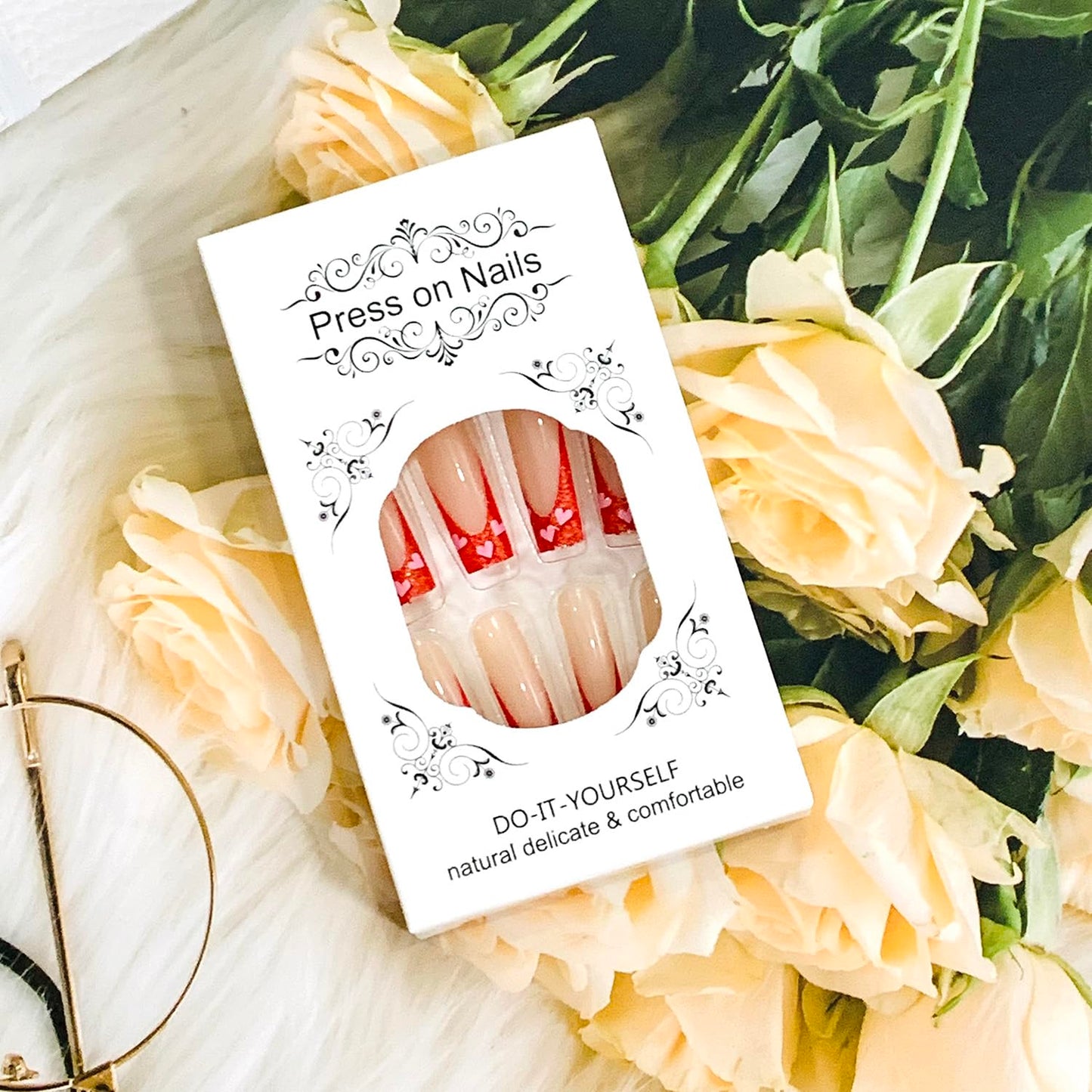 Vezocim Red French Tips Press on Nails Coffin Long 24Pcs Valentine's Day Glossy Full Cover Acrylic Square Fake Nails with Heart Designs Extra Long Coffin False Nails Glue on Fingernails for Women