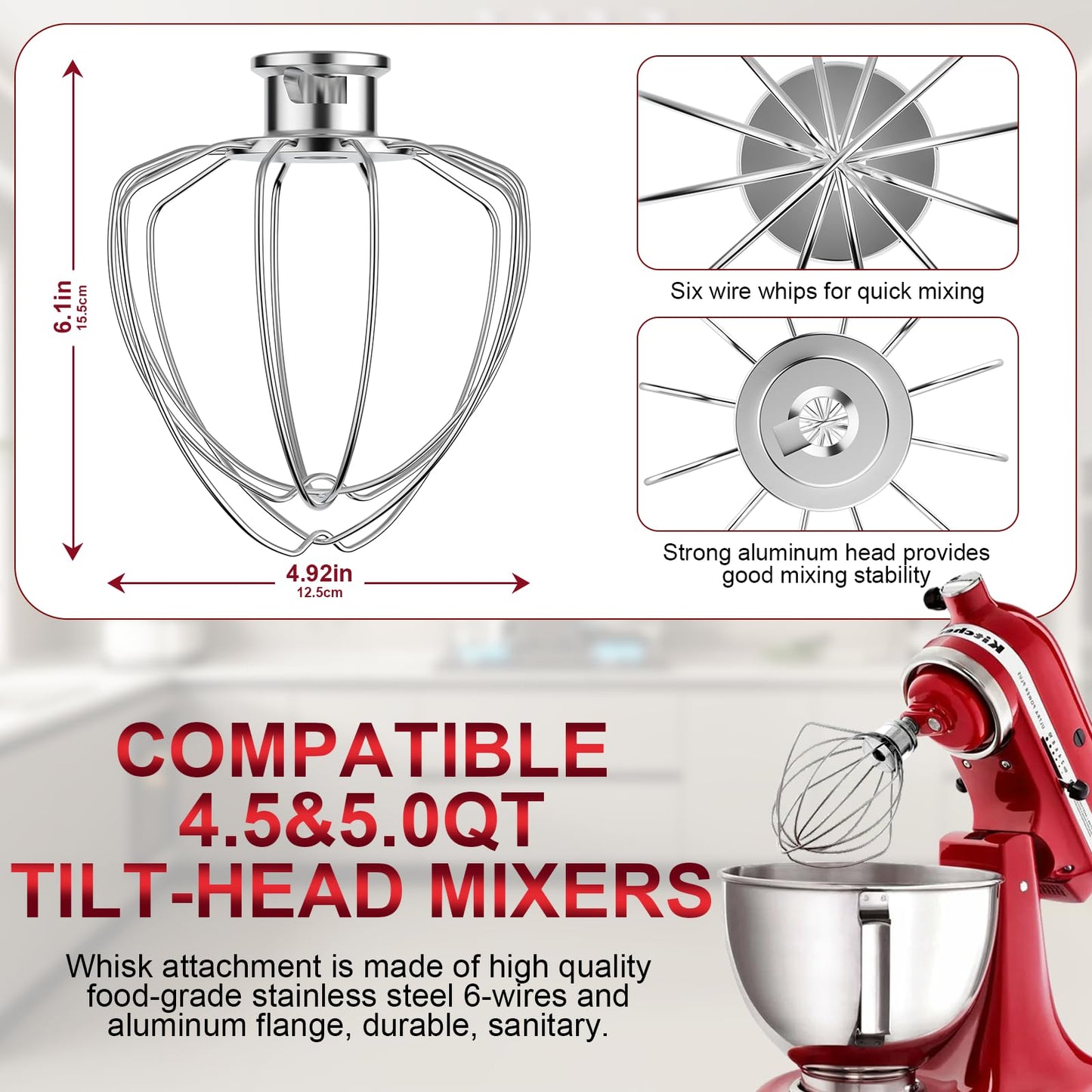 6-Wire Whip Attachment Fits KitchenAid Tilt-Head Stand Mixer Replace K45WW, Stainless Steel, Egg Heavy Cream Beater, Cakes Mayonnaise Whisk