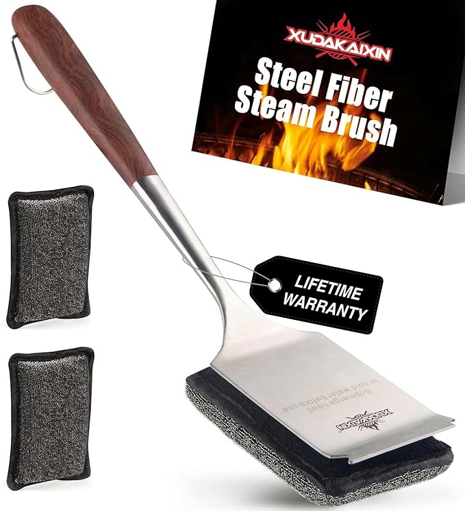 Bristle-Free Steam Cleaning Grill Brush Kit â Luxurious Long Rosewood Handle, Includes 1 Replacement Head â Safe BBQ Grill Cleaning for Outdoor Grill â Great Gift for Men/Dad