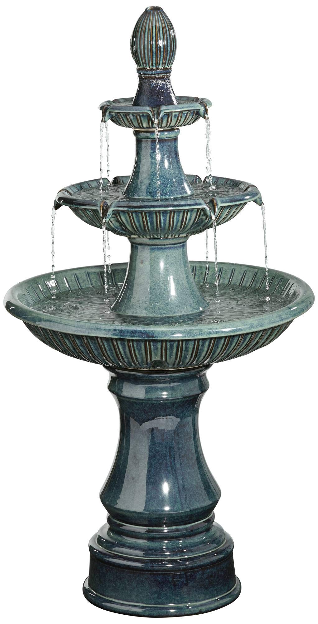 Formentera 46" High Large Italian Indoor Outdoor Decor Teal Blue Ceramic Floor Fountain with Light LED Waterfall 3-Tier Standing Water Feature for Outside Garden Patio Yard Backyard - John Timberland