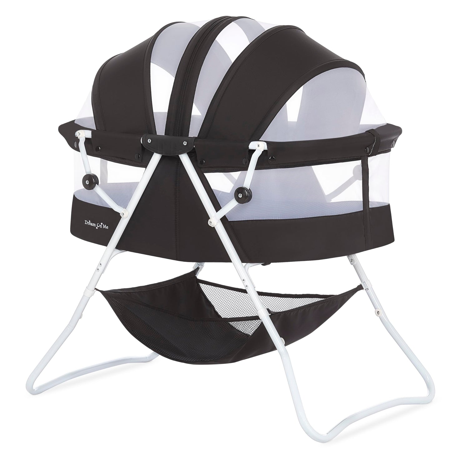 Dream On Me Karley Bassinet, Award Winner Lightweight Travel Baby Bassinet, Foldable Bedside Sleeper, Adjustable Double Canopy, Spacious Design, Soft Fabric, Storage Basket â Black