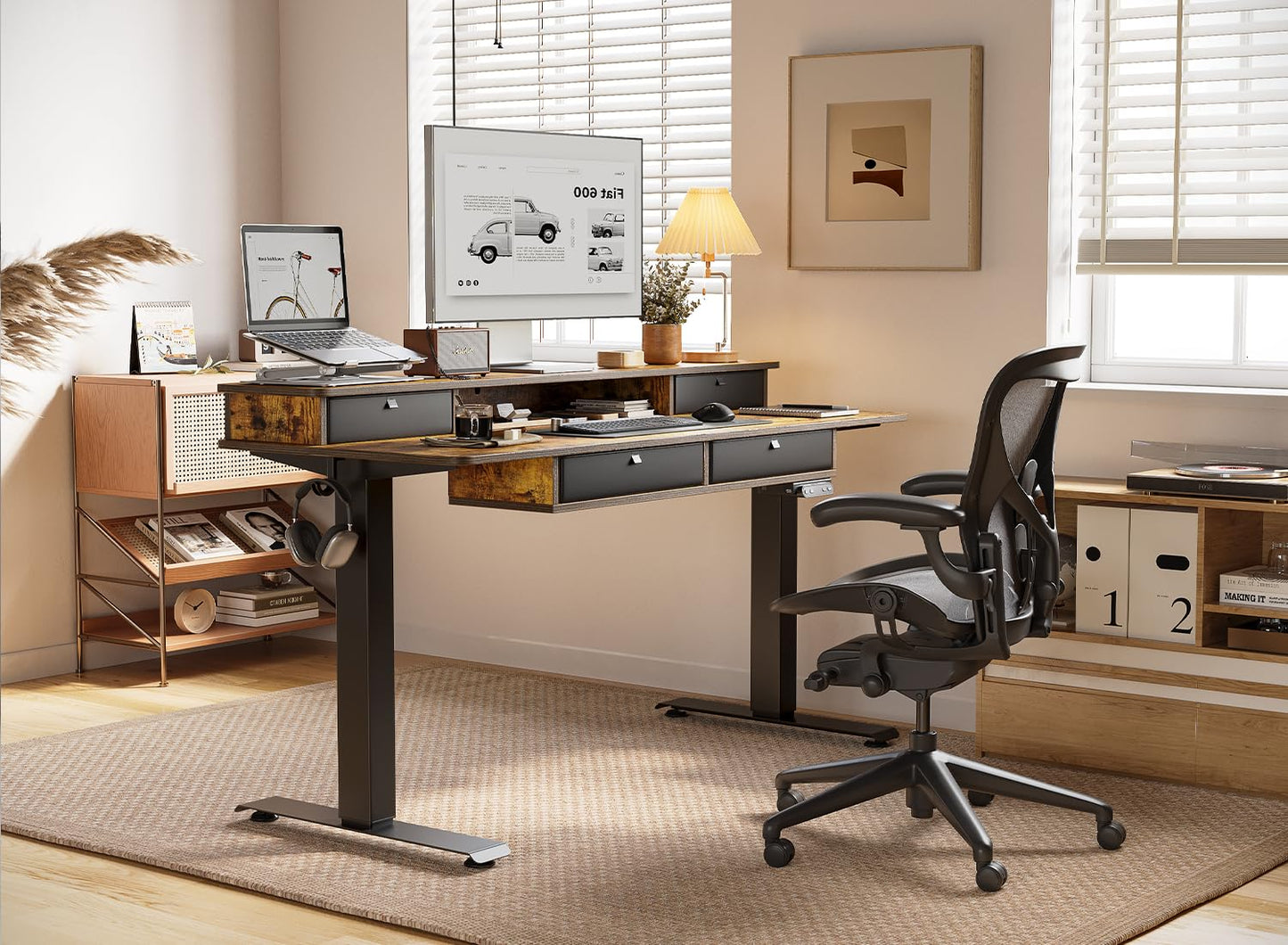 BANTI Height Adjustable Electric Standing Desk with 4 Drawers, 48 x 24 Inch Table with Storage Shelf, Sit Stand Desk, Rustic Brown Top