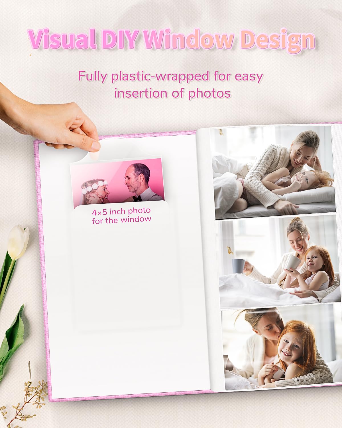 Artfeel Photo Album 4x6 with 300 Pockets,Slip-in Picture Albums,Linen Cover Memory Book with Front Window,White Page Vertical Photo Book for Wedding,Family,Anniversare,Baby,Vacation