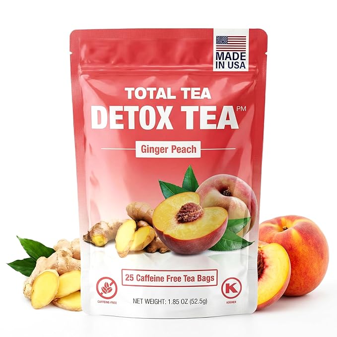 Total Tea SIimming Detox Tea Caffeine Free - 25 Day Detox - Weight l0ss for women with Chamomile, Hibiscus Tea & Ginger Root for Colon Cleanse â Natural Herbal Ginger & Peach Fruit Tea for Digestive Health