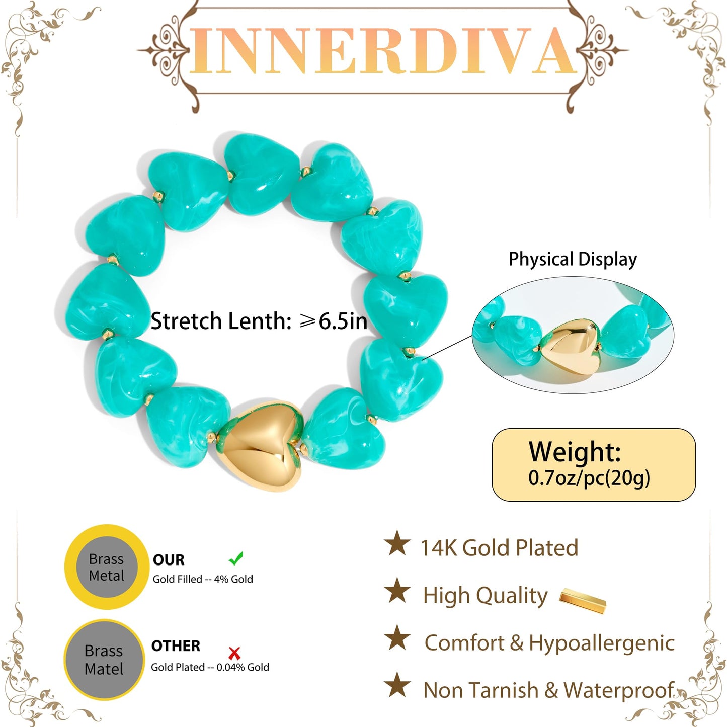 INNERDIVA Chunky Heart Beaded Bracelets for Women Trendy Statement Big Large Turquoise Resin Bubble Bead Stretch Bracelet Summer Beach Beachy Boho Hand Gemstone Womens Jewelry Charm Cute Gifts Stuff