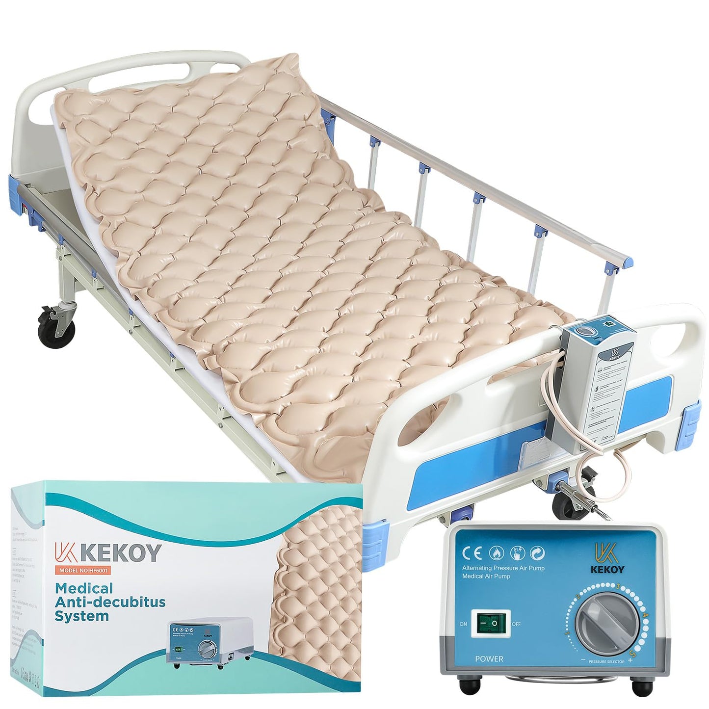Alternating Air Pressure Mattress Pad, Bed Sore Prevention, Hospital Bed Mattress Topper with Whisper Quiet Pump & Waterproof, Heat Resistant Ulcer Cushion Pad for Hospital, Home, Medical Use