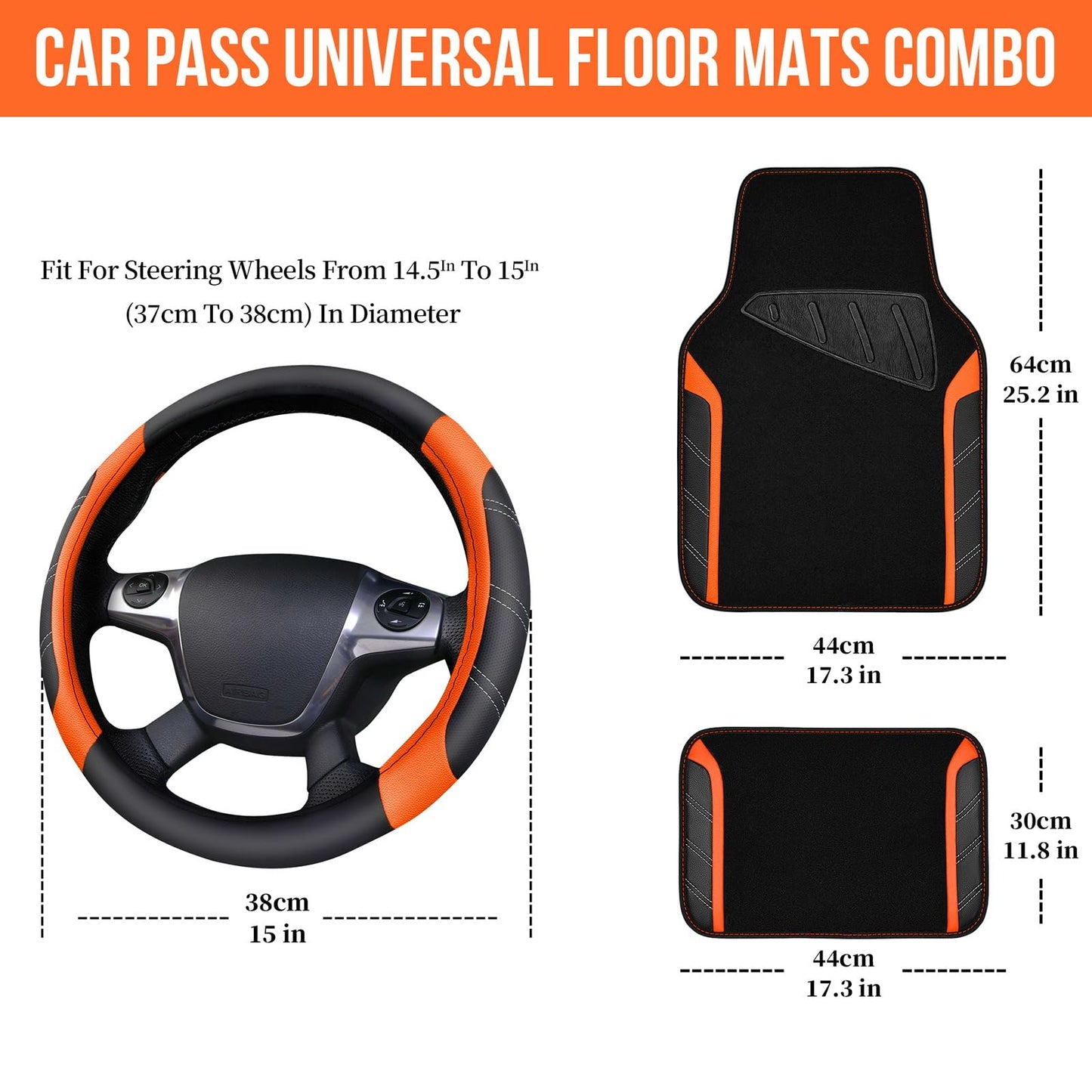 CAR PASS Leather Steering Wheel Cover and Waterproof Car Floor Mats,Microfiber Universal Car Combo Fit for 95% Sedan SUV Van Truck,14.5-15inch Sporty Anti-Slip Safety Comfortable Design, Black&Orange