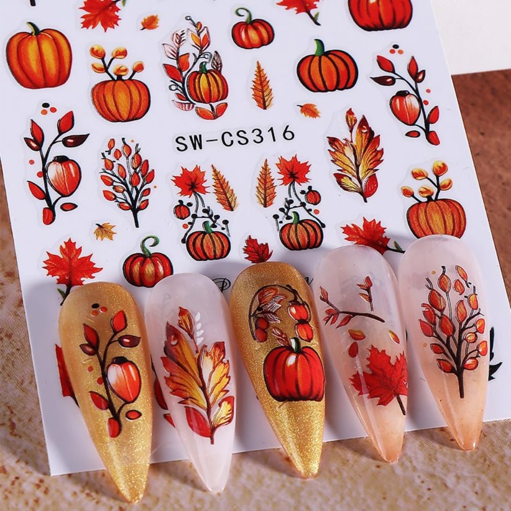 Fall Nail Stickers Pumpkin Maple Leaves Nail Art Stickers 3D Self Adhesive Orange Yellow Leaf Nail Art Supplies Autumn Nail Design Flower Nail Decals for Women 6 Sheets
