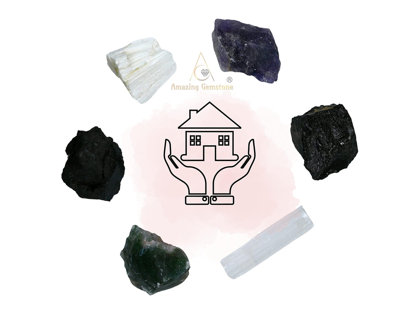 Amazing Gemstone Crystals for House Protection Manifestation, Set of 6 Amethyst, Scolecite, Shungite, Black Tourmaline, Selenite and Moss Agate Healing Crystals and Stones