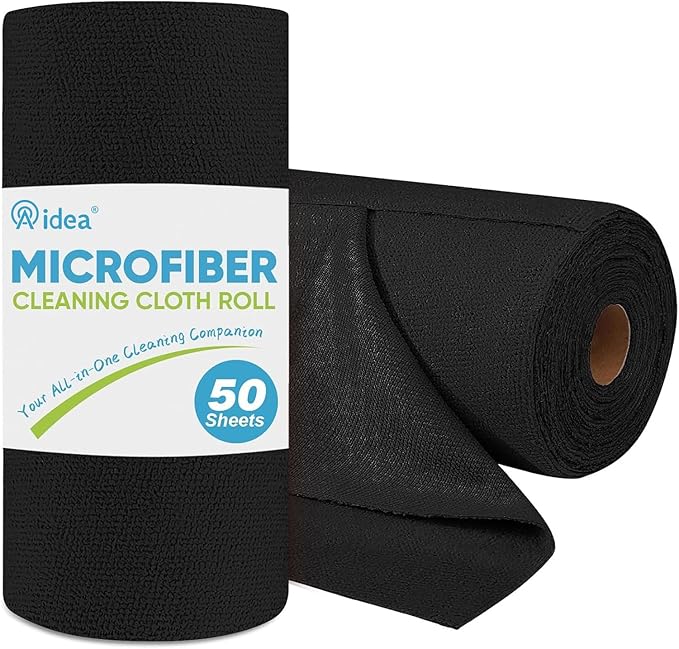 AIDEA Microfiber Cleaning Cloth Roll, 50PK, Black Microfiber Towels for Cars, Reusable Paper Towels Tear Away Cloth, Shop Rags, Lint Free Cleaning Rags for House, Kitchen, Window, 11.5"Ã11.5"