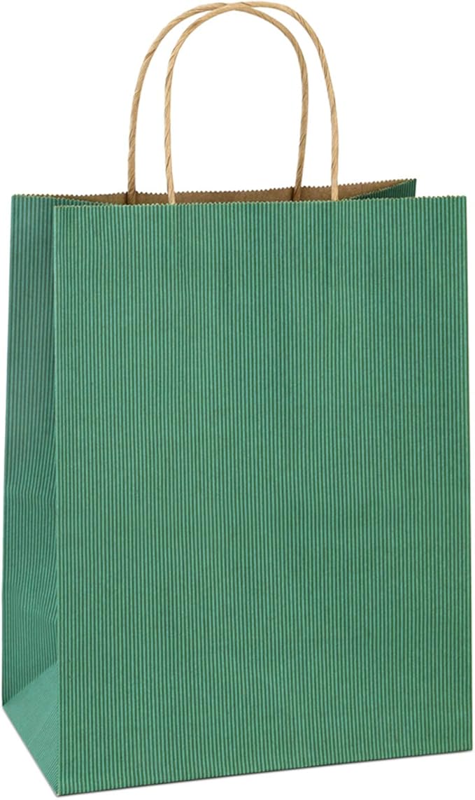 BagDream Gift Bags 8x4.25x10.5 Inches 100Pcs Kraft Paper Bags with Handles Bulk Medium, Green Stripe, 100% Recycled, Retail Merchandise Grocery Paper Sacks
