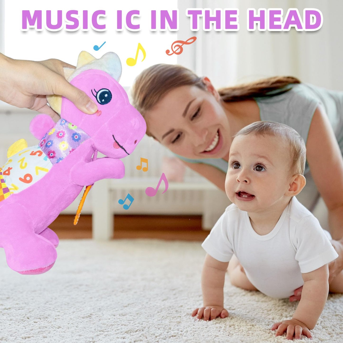 Baby Dino Musical Stuffed Animal Toys for 0-3-6-9-12 Months,Infant Dinosaur Tummy Time Toys with Crinkle Sound Paper,Teether,Textures & Rattles for Newborn Boys Girls Birthday Gifts,Purple