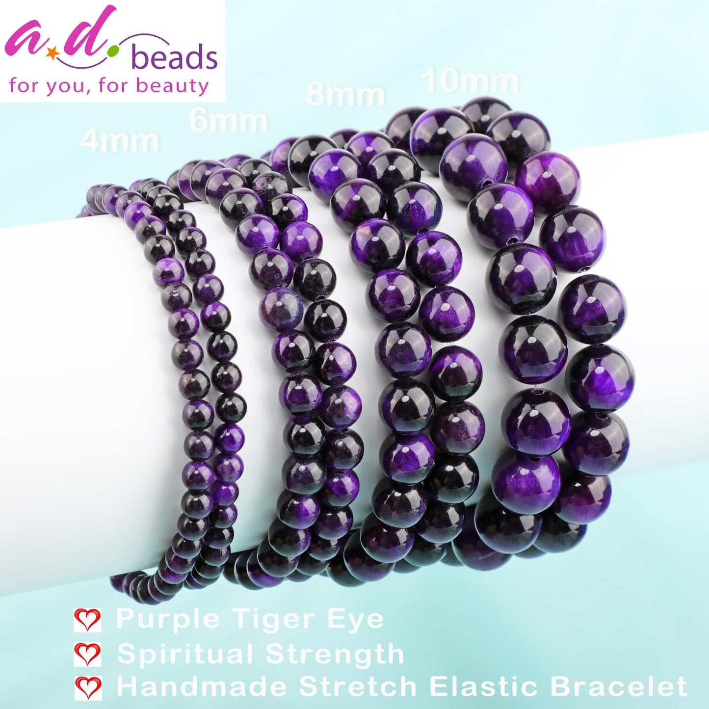 AD Beads 6mm Handmade Purple Tiger Eye Elastic Bracelet โ Natural Gemstone for Peace and Tranquility โ Meditation, Yoga, Healing and Energy Gift for Men Women