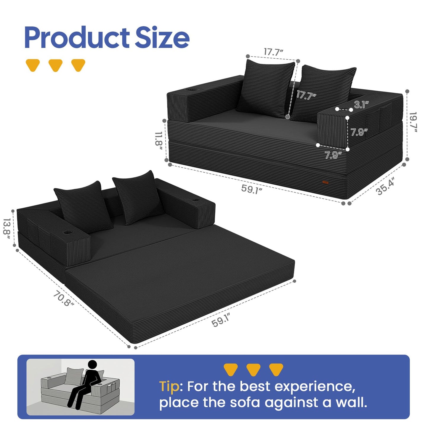 COMAX Futon Sofa Bed, 4‑in‑1 Convertible Sofa Bed, Folding Boneless Couches for Living Room, Fold Out Small Foldable Loveseat Floor Sleeper Comfy Mattress Lounge Space‑Saving, Black