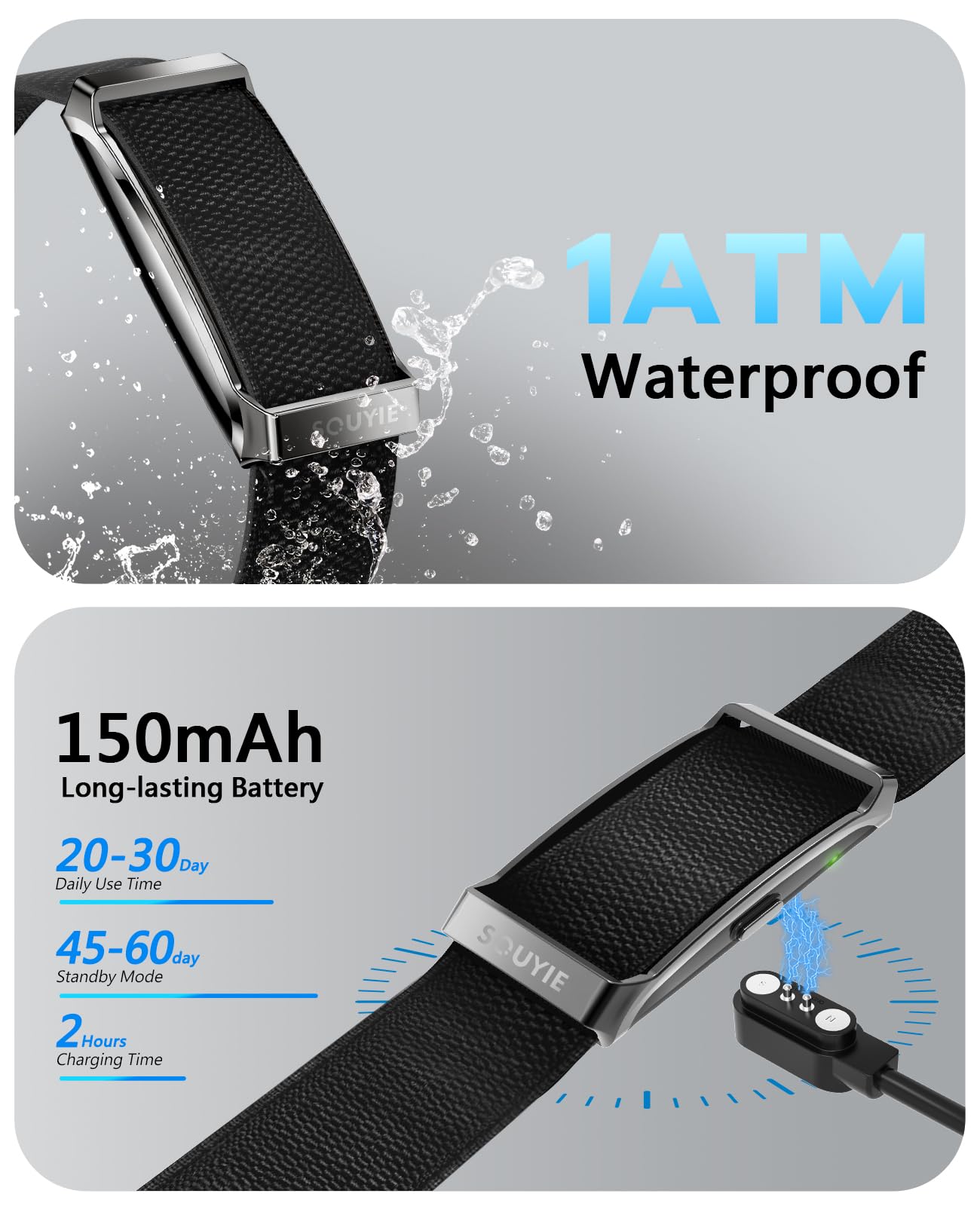 Smart Bracelet for Men Women, Health Activity Fitness Trackers, 24H Sleep Tracker, 24/7 Continuous Heart Rate/Blood Pressure/HRV/Stress Monitor, 170+ Sports Modes Smart Wristband with Free APP 2 Bands