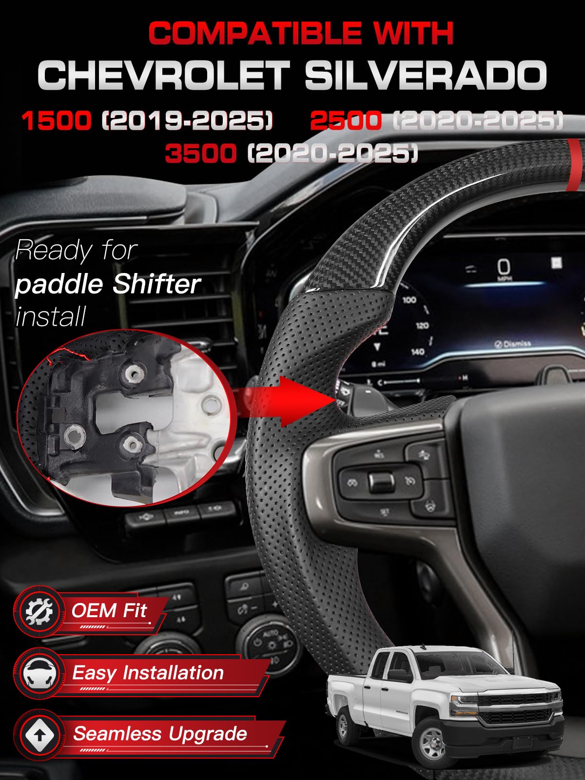 TESFEEL Heated Real Carbon Fiber Steering Wheel for Chevy Silverado 1500 2500 3500 (2019-2025), D-Shape Flat Bottom, Nappa Leather&Hand-Stitching, Fits Models with Factory Heating & Paddle Shifters