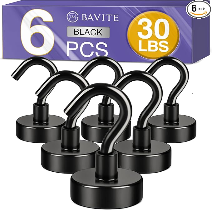 E BAVITE Black Magnetic Hooks, 30LB Strong Neodymium Magnet Hook for Cruise, Grill, Towel, Indoor Hanging, Kitchen, Workplace, Office and Garage - 6 Pack