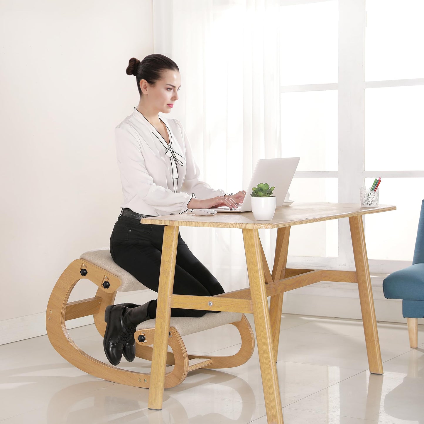 Predawn Adjustable Ergonomic Kneeling Chair β Custom Height Rocking Posture Stool with Thick Cushions, Solid Wood Frame, Knee Support Seat for Adults, Office or Meditation Use(White Oak)