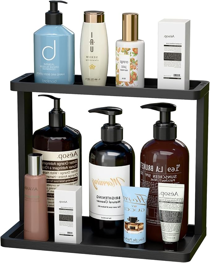 PEKER Bamboo Bathroom Organizer Countertop â Small Vanity Storage Shelf for Makeup, Perfume, Skincare â Natural Cosmetics Display Rack for Dresser, Sink, Kitchen âÂÂBlack