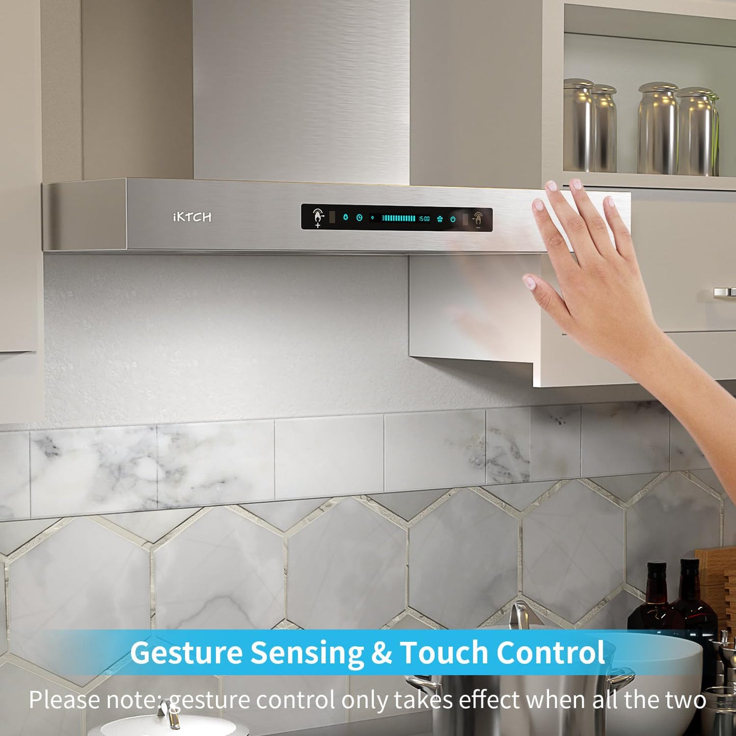 IKTCH 30 inch Wall Mount Range Hood, 1200 CFM Ducted Range Hood with 4 Speed Fan, Durable Stainless Steel with Gesture Sensing & Touch Control IKP01-30