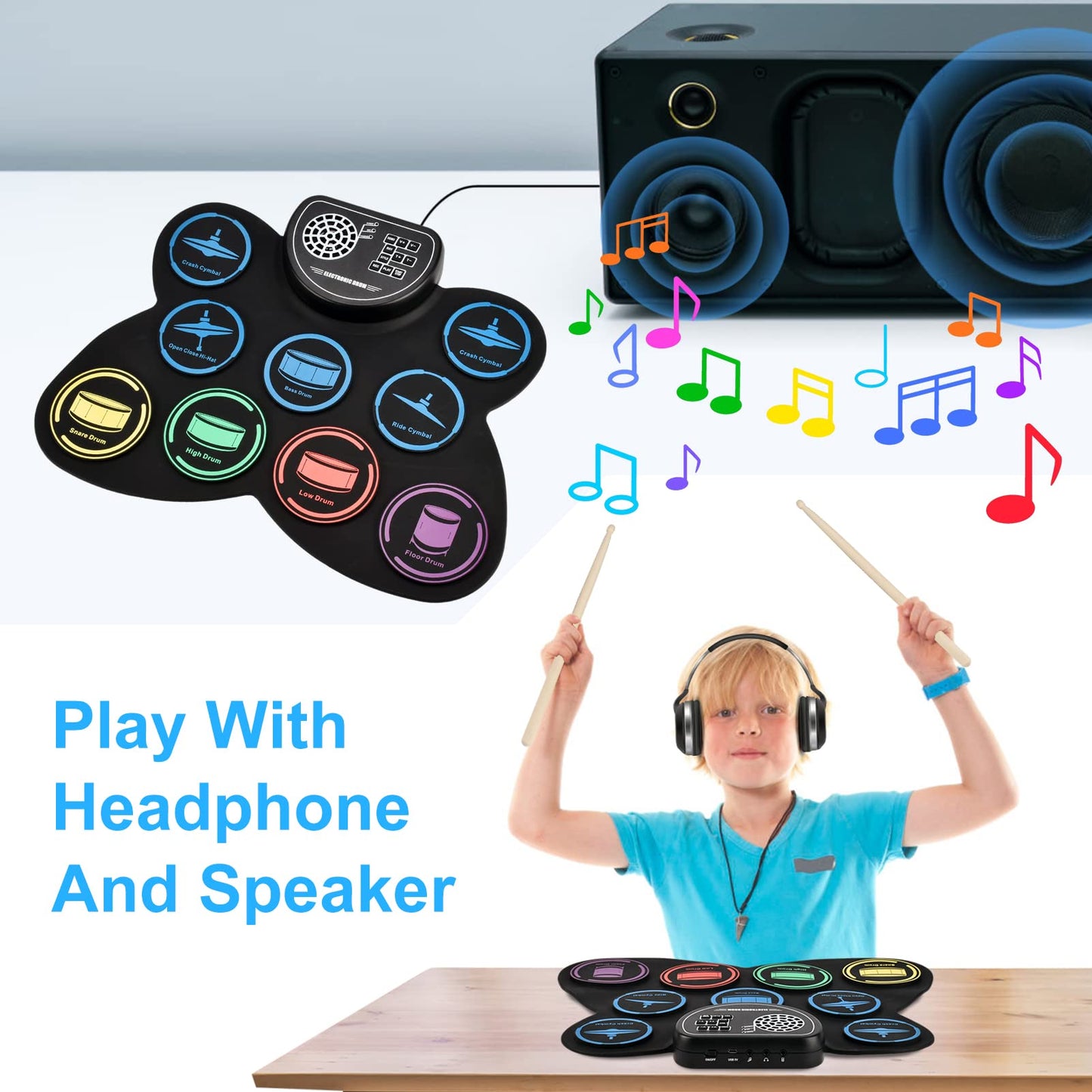 Electronic Drum Set, Marrilley 9 Drum Practice Pad with Headphone Jack, Roll-up Pad Machine Built-in Speaker Drum Pedals Sticks 10 Hours Playtime, Great Holiday Xmas Birthday Gift for Kids