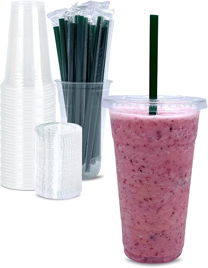24 oz Clear Plastic Cups with Lids and STRAWS, Disposable Drinking Cups for Cold Drinks, Iced Coffee, Milkshakes, Smoothies, 25 Sets