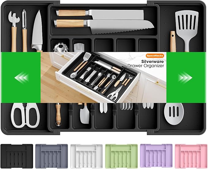 SpaceHacks Silverware Organizerï¼Adjustable & Expandable Utensil Drawer Organizer, BPA Free Utensil Holder, Cutlery Tray for Forks, Spoons, Knives in Kitchen, Large, Black